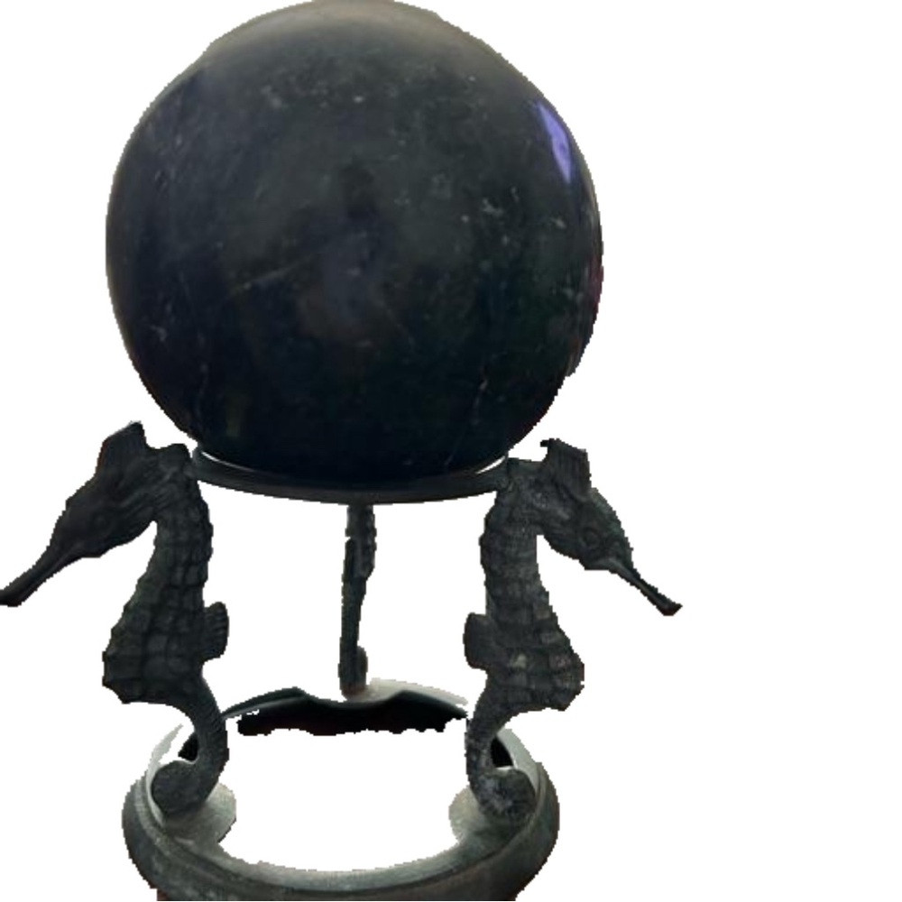 Diameter Dark Green Marble Sphere on brass seahorse stand.